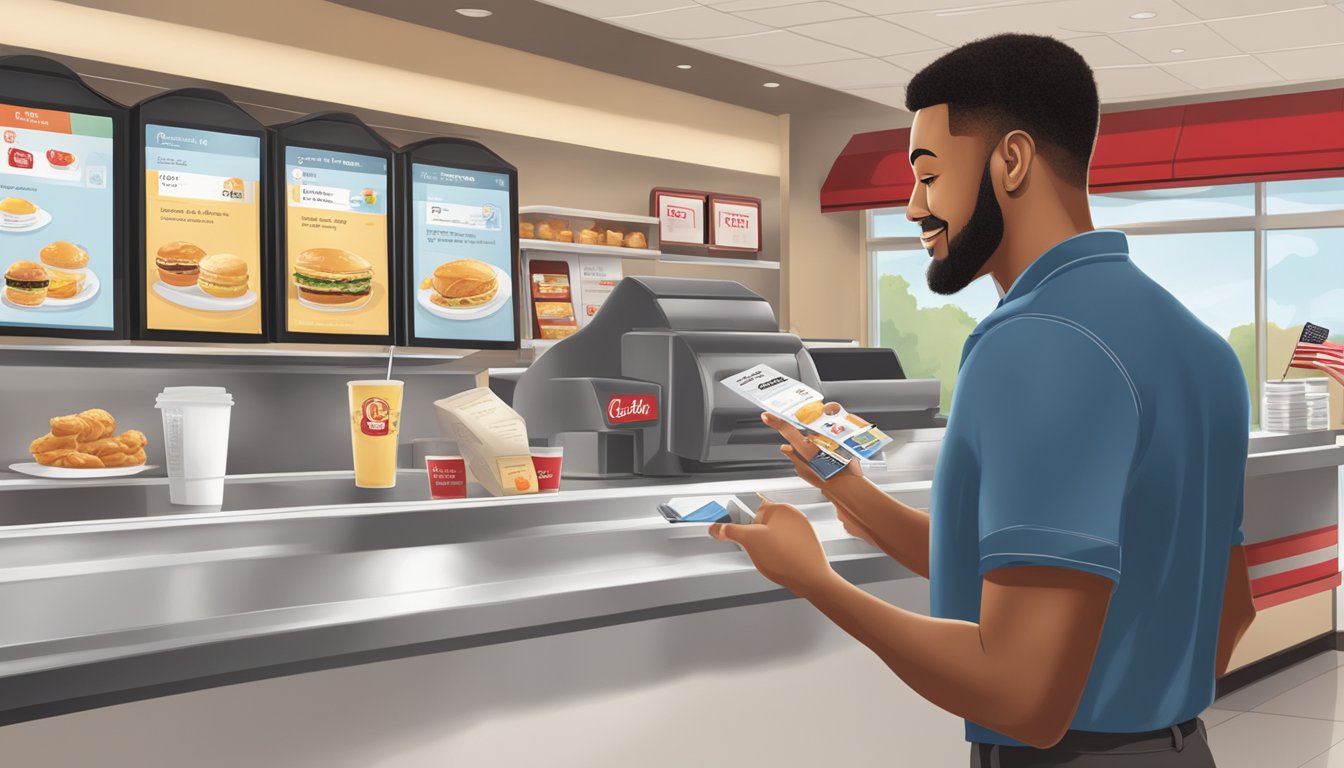 A customer at a Chick-fil-A counter, pointing to the breakfast menu while holding a credit card. The cashier is ready to take the payment