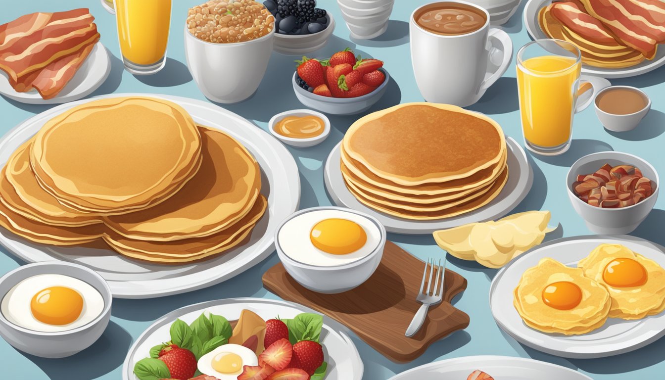 A table set with a variety of breakfast items, including pancakes, eggs, bacon, and fresh fruit