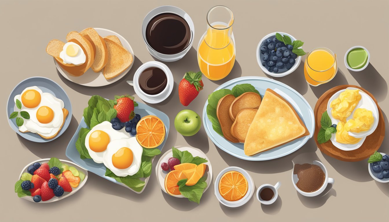 A spread of breakfast beverages and sides arranged on a table with a variety of options such as coffee, tea, juice, toast, eggs, and fruit