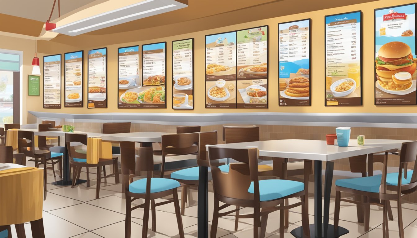 A colorful menu board displays Chick-fil-A breakfast items with prices. Tables and chairs fill the bright, welcoming dining area