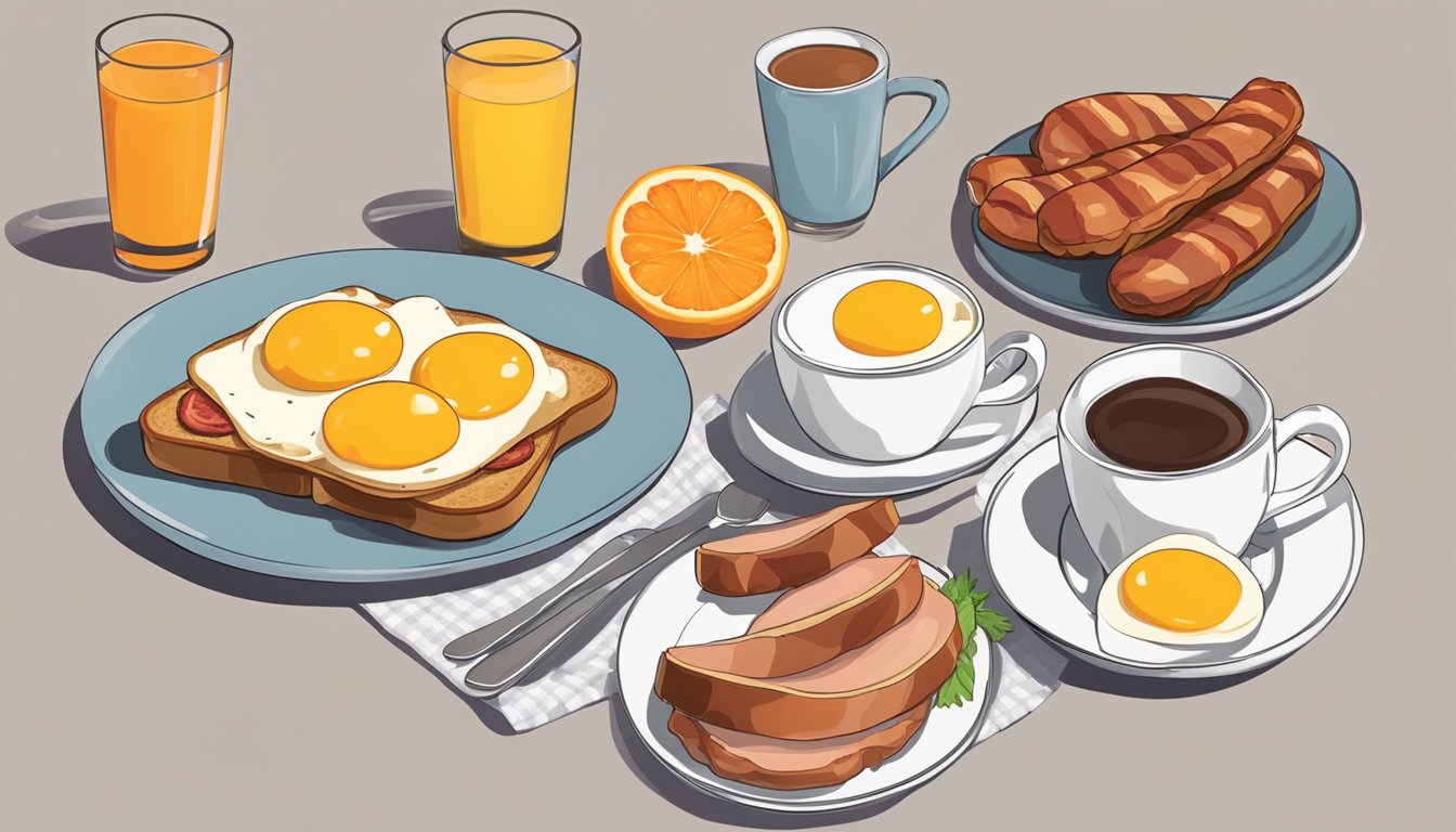 A table set with a plate of eggs, bacon, sausage, toast, and a side of fruit. A glass of orange juice and a cup of coffee sit beside the plate