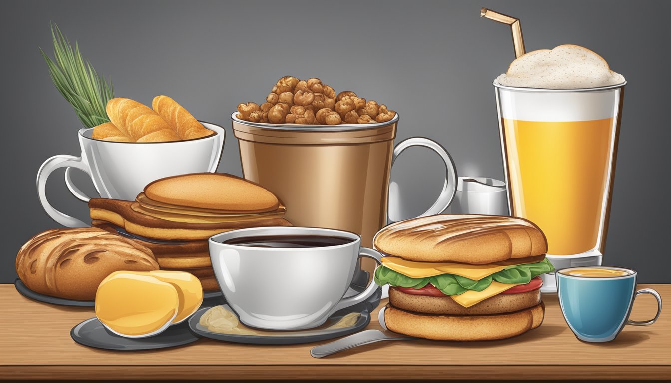 A variety of breakfast items arranged on a menu board with a club logo in the background