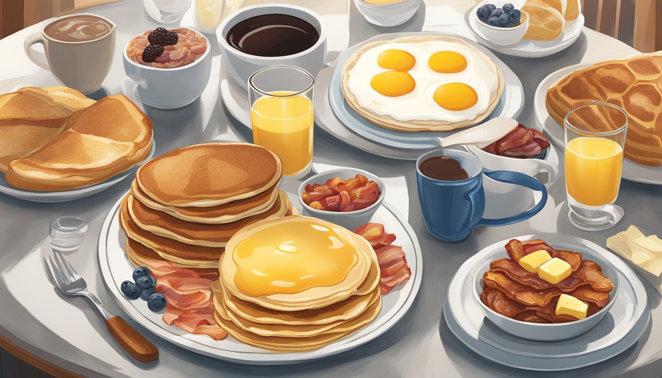 A breakfast scene with Signature Items from Braum's menu, including items such as pancakes, eggs, bacon, and a variety of breakfast beverages