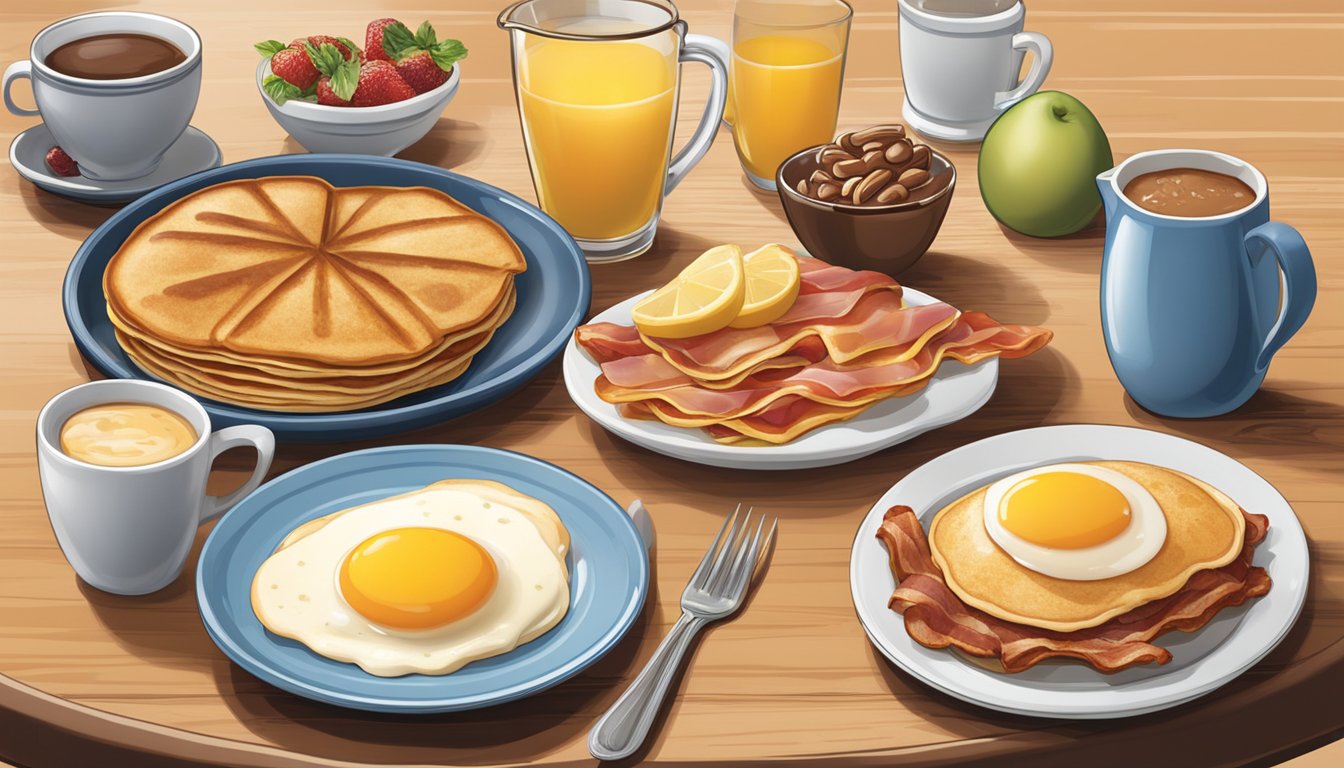 A table set with a variety of breakfast items from Braum's menu, including pancakes, eggs, bacon, sausage, and fruit