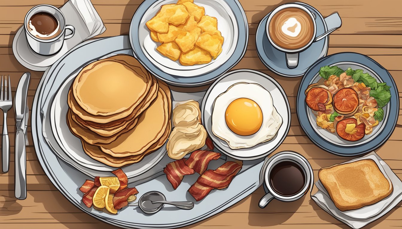 A table set with a variety of breakfast items, including coffee, pancakes, eggs, and bacon, with a menu and order slip nearby