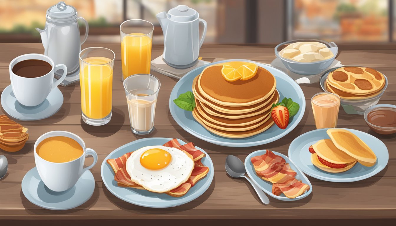 A table set with a variety of breakfast items, including pancakes, eggs, bacon, and fruit. Juice and coffee in glasses and mugs