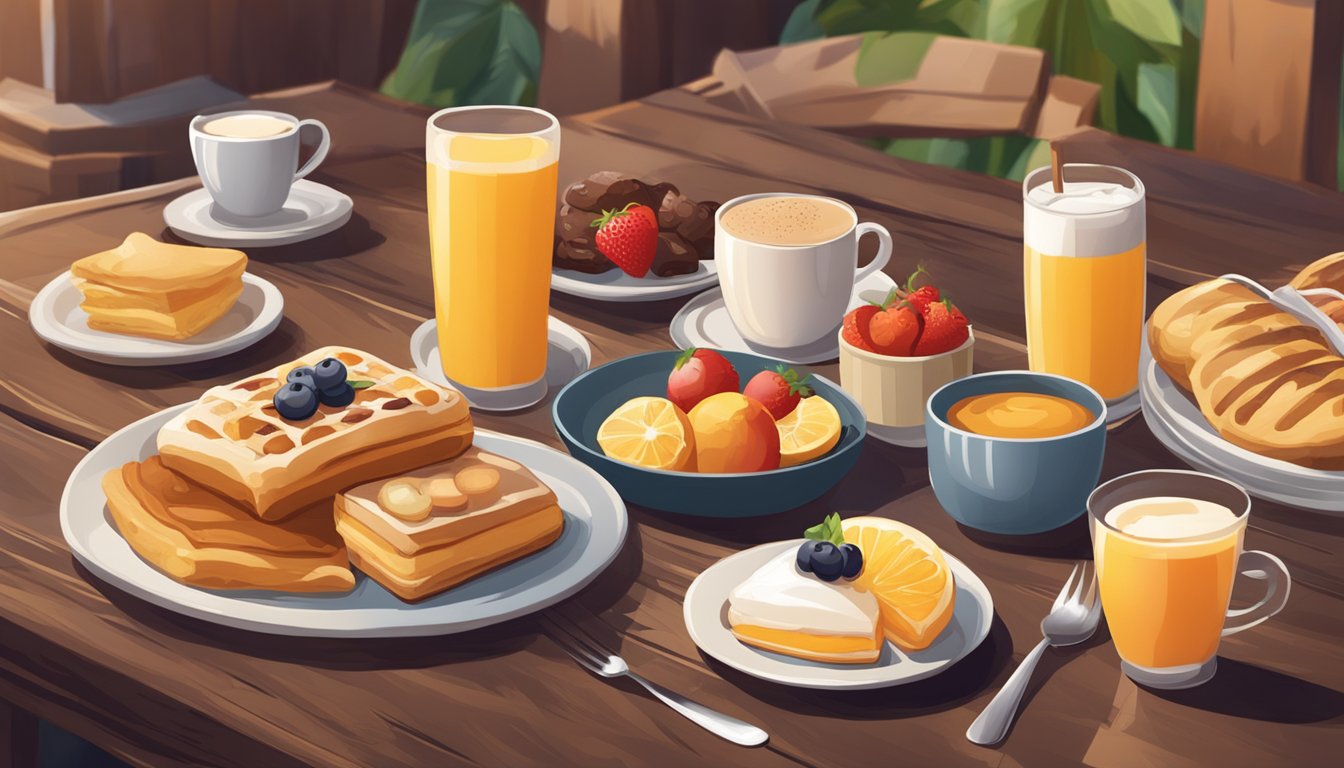 A cozy breakfast club with a variety of menu items, including coffee, pastries, and fresh fruit, set on a rustic wooden table with comfortable seating and warm lighting