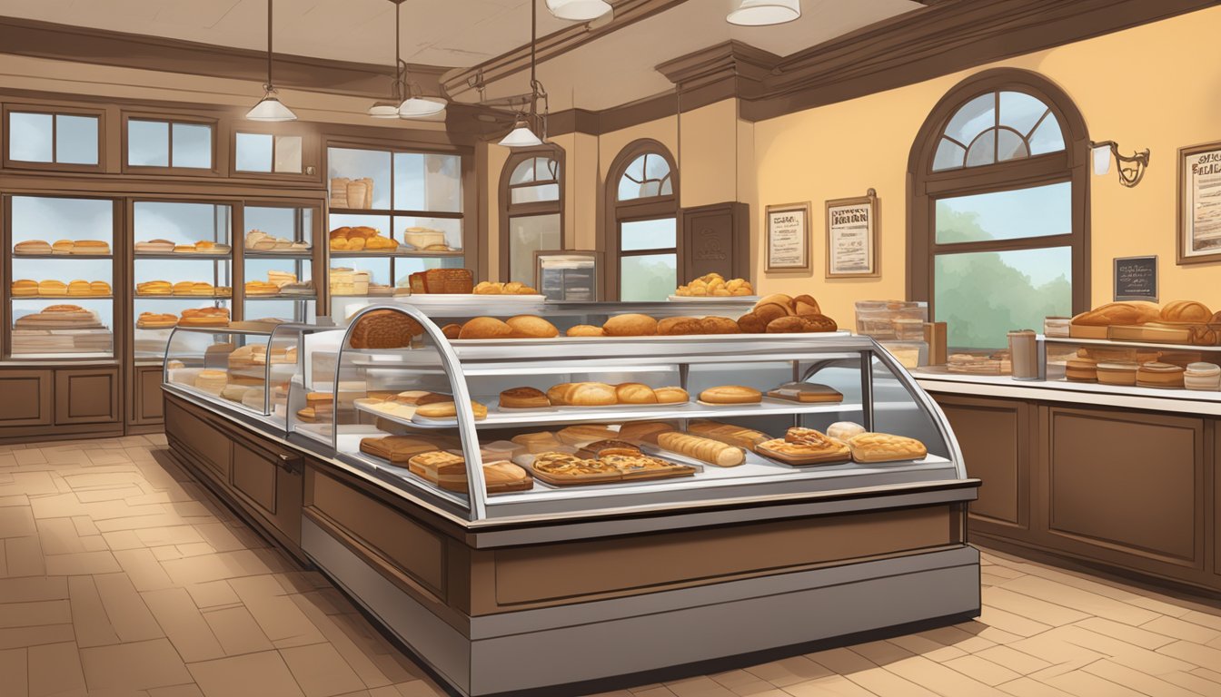 A cozy bakery scene with a display of breakfast items on the menu at Braum's, including pastries, muffins, and freshly baked bread