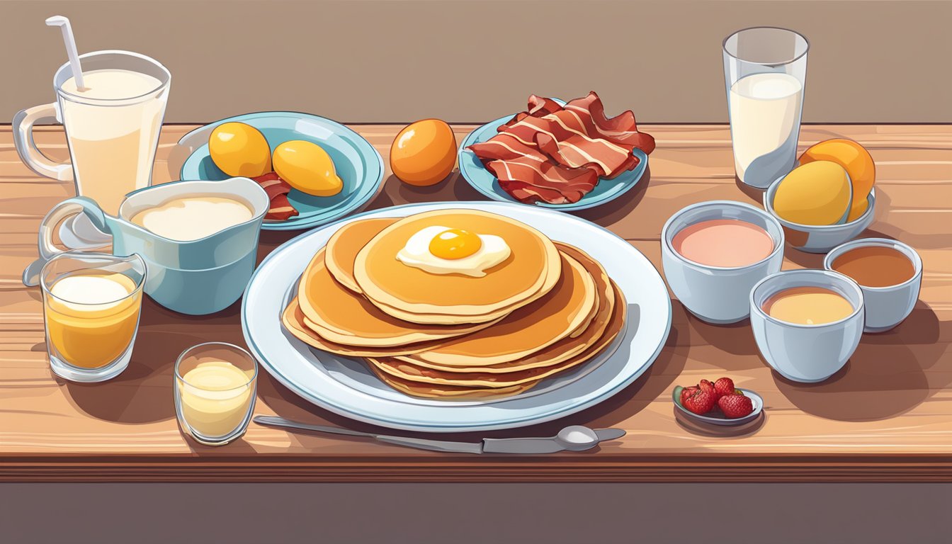 A colorful breakfast spread with pancakes, eggs, bacon, fruit, and a glass of milk on a table