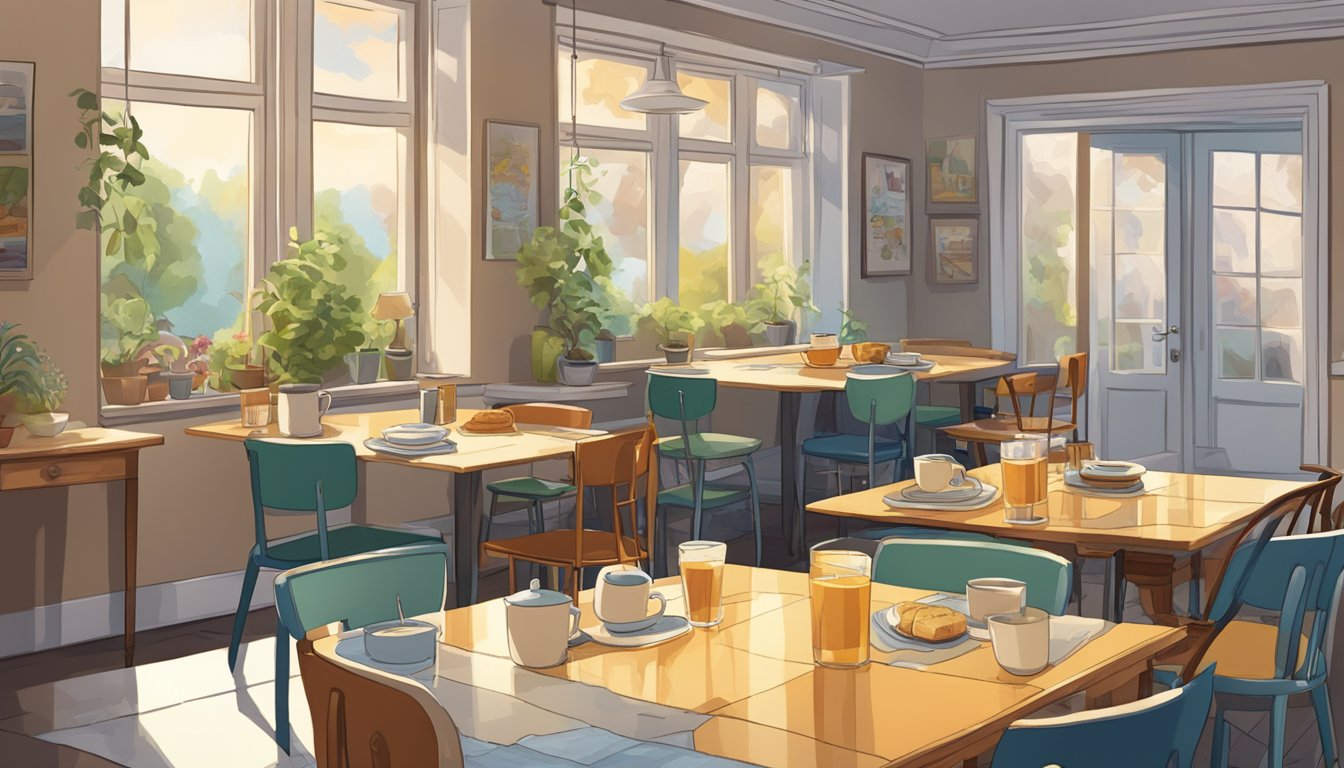 A cozy breakfast club with a table, chairs, and a map on the wall