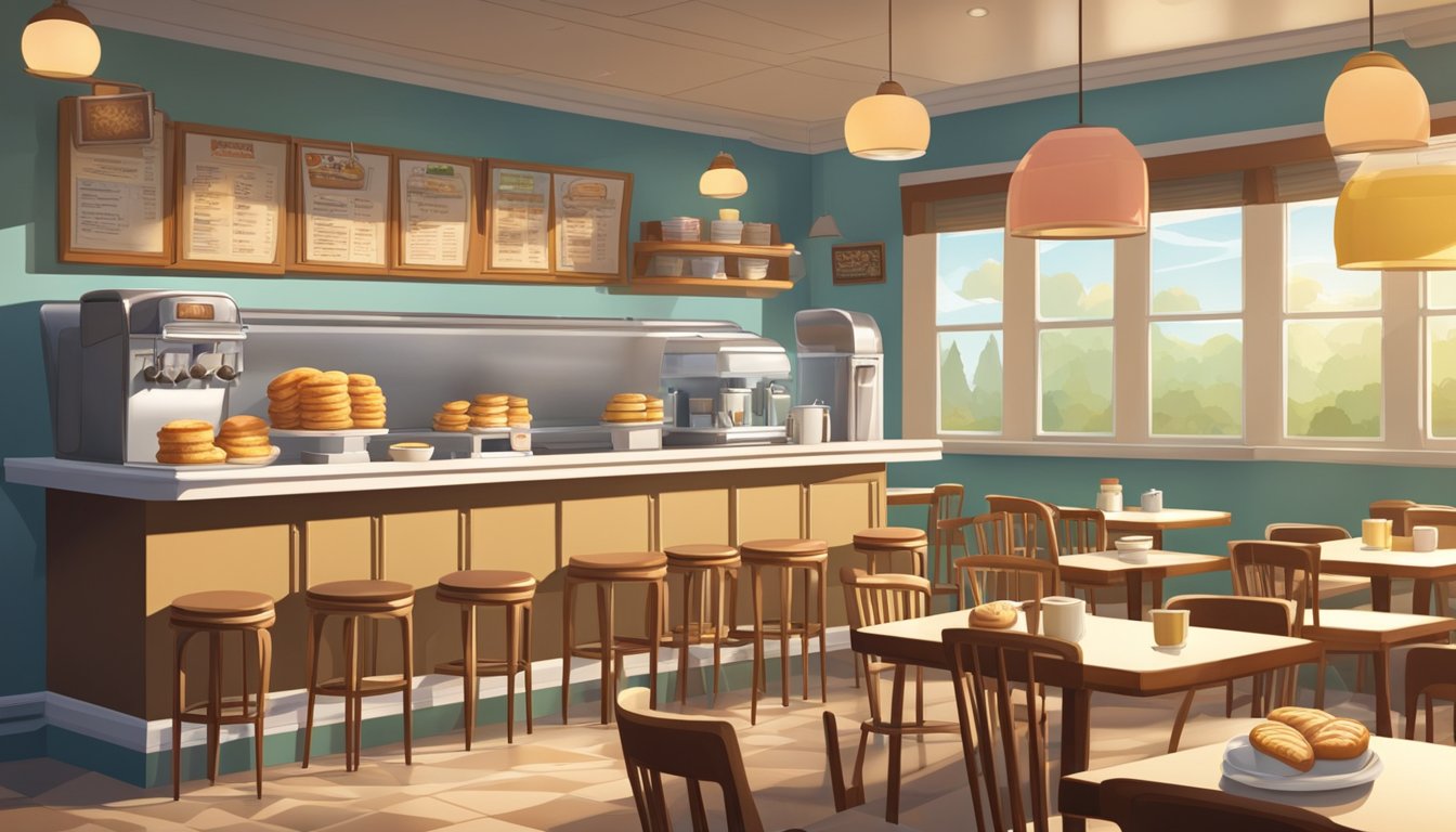 A cozy diner with sunlight streaming in, showcasing a variety of breakfast items on the menu board. Tables and chairs are neatly arranged, and the counter is adorned with fresh pastries and coffee