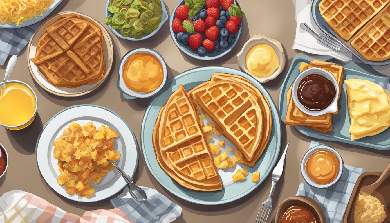 A table set with a spread of breakfast sides and add-ons, including butter, syrup, fruit, and hash browns, alongside a waffle