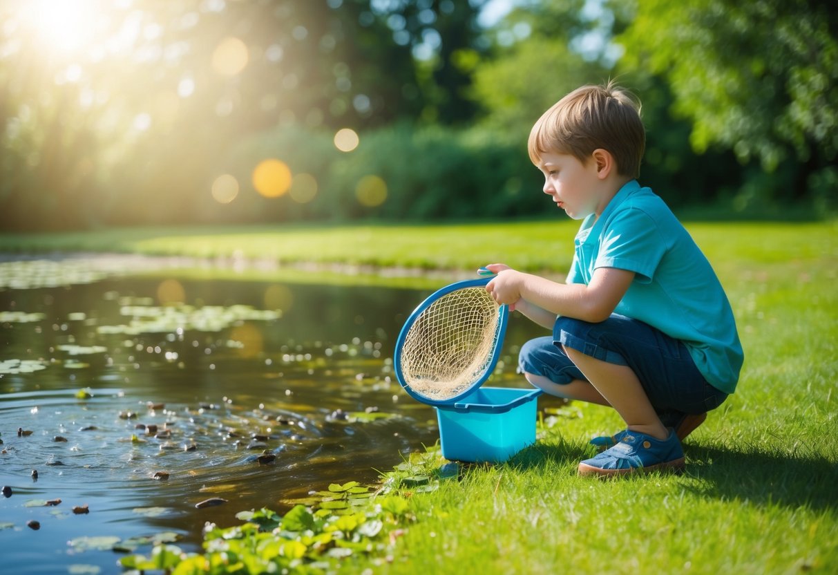 A child kneels at the edge of a pond, holding a net and a small container. The water is teeming with life, from tadpoles to water bugs. The sun shines down, casting a warm glow on the scene