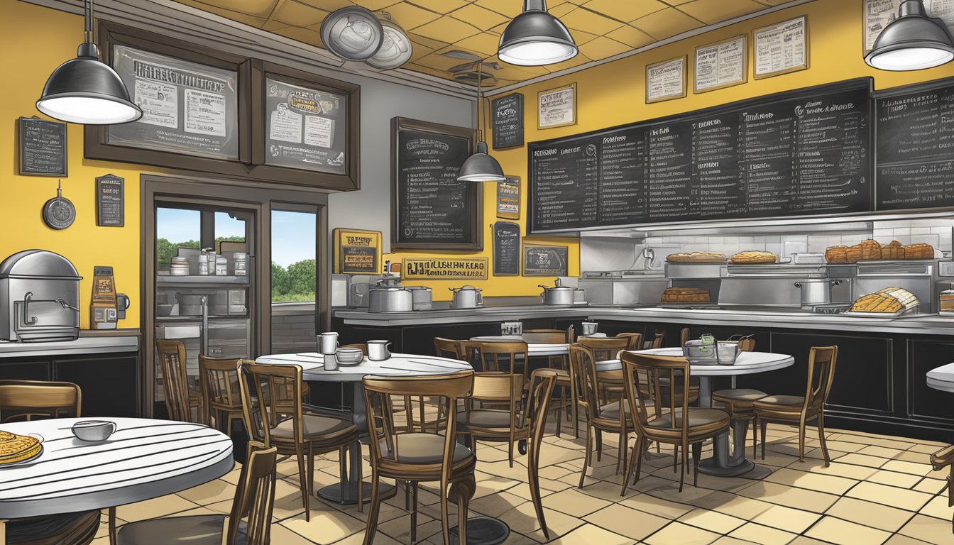 A bustling waffle house with a full breakfast menu displayed on a chalkboard, surrounded by sizzling griddles and steaming coffee pots