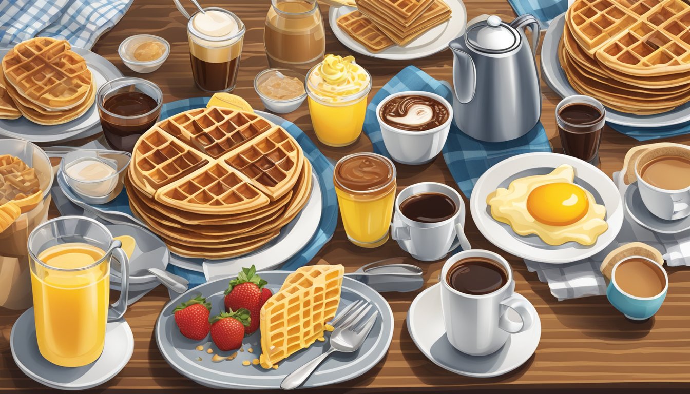 A table set with waffles, syrup, coffee, and various breakfast extras at a bustling Waffle House