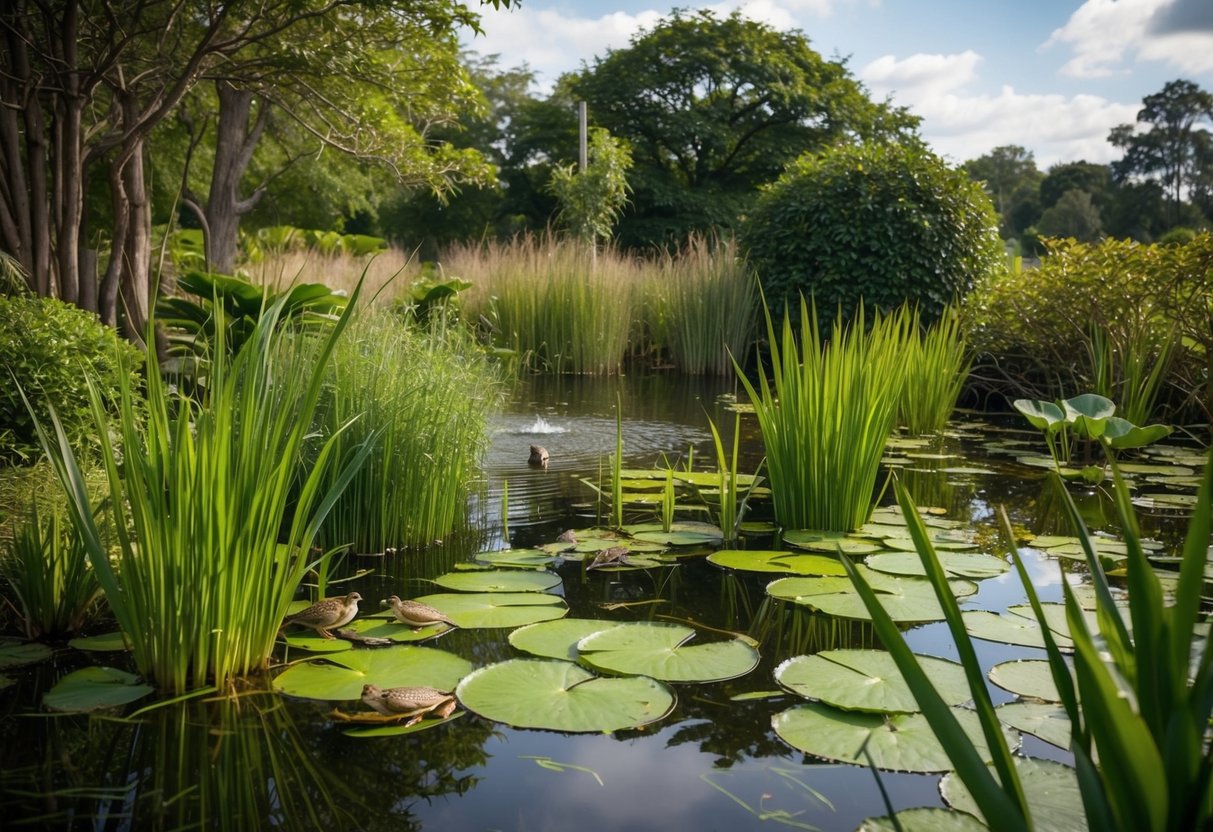 A serene pond with lily pads, reeds, and water plants surrounded by trees and bushes. Various aquatic creatures such as frogs, fish, and insects can be seen in and around the water