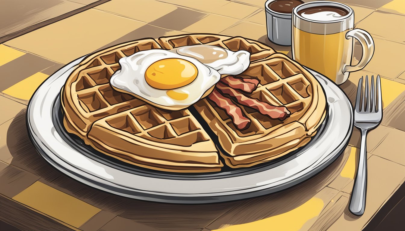 A bustling waffle house with a full breakfast menu, featuring steaming plates of waffles, pancakes, eggs, bacon, and coffee