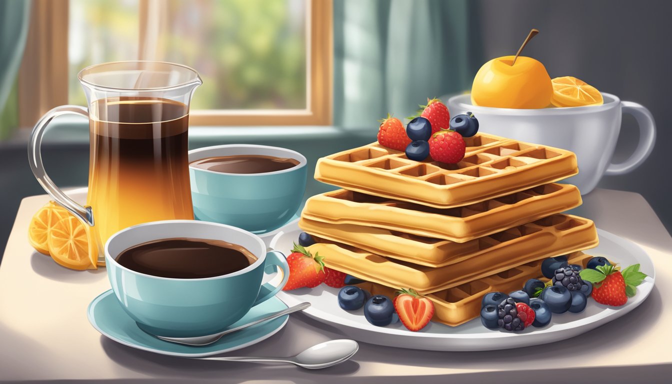 A table set with a plate of waffles, syrup, and fruit, with a steaming cup of coffee nearby