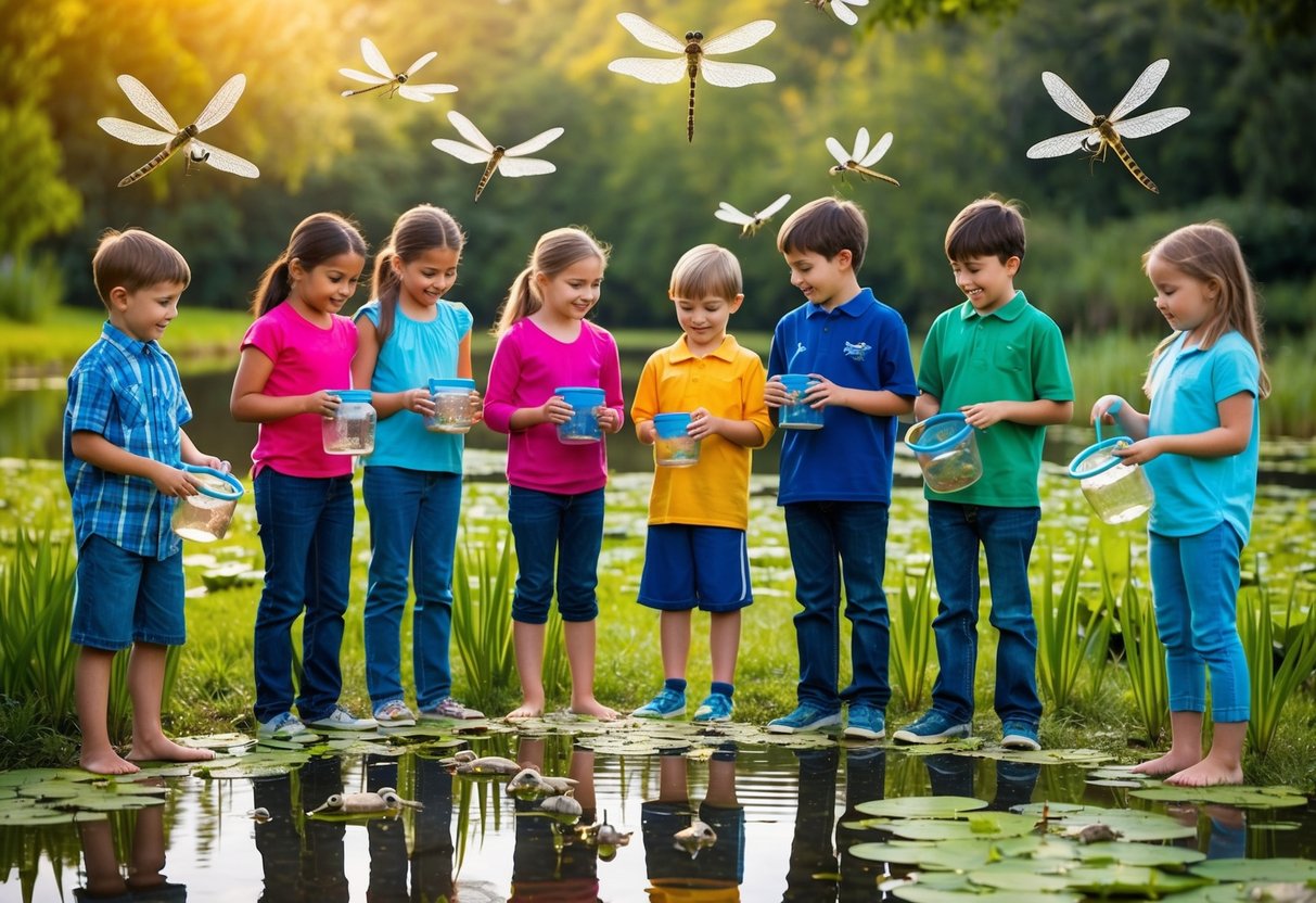 A group of children gather around a pond, holding nets and jars. Dragonflies hover above the water, while frogs and tadpoles swim among the lily pads