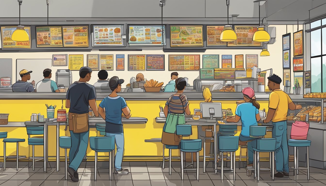 A bustling Waffle House diner with a colorful menu board displaying various breakfast items and prices. Customers line up at the counter to place their orders