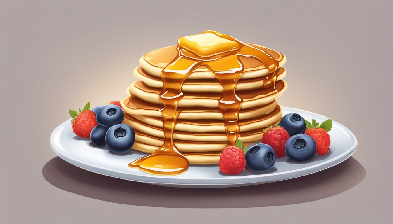 A stack of golden pancakes topped with syrup and fresh berries on a plate