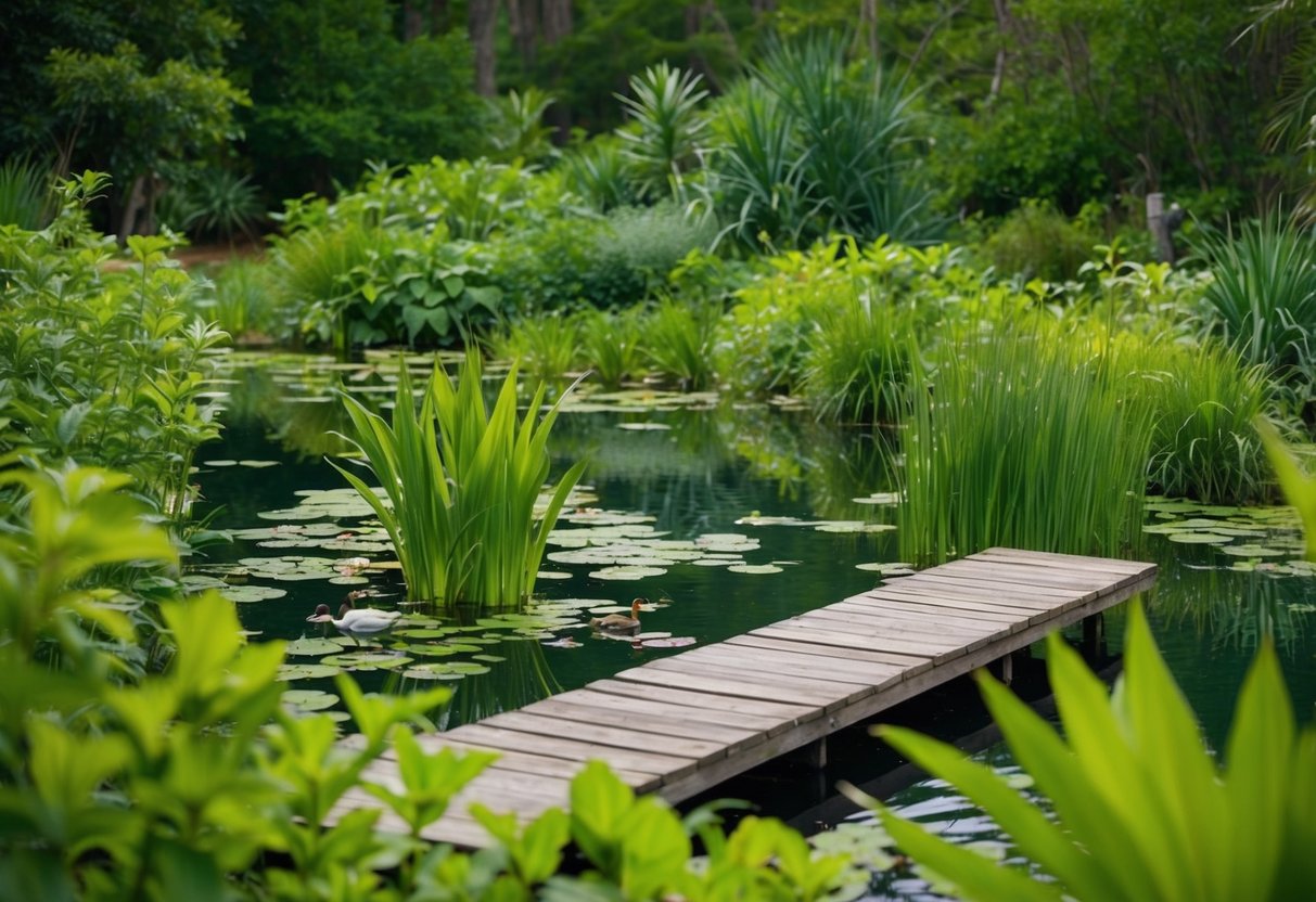 A peaceful pond surrounded by lush vegetation, with a wooden dock extending into the water. Various aquatic plants and small creatures can be seen in and around the pond