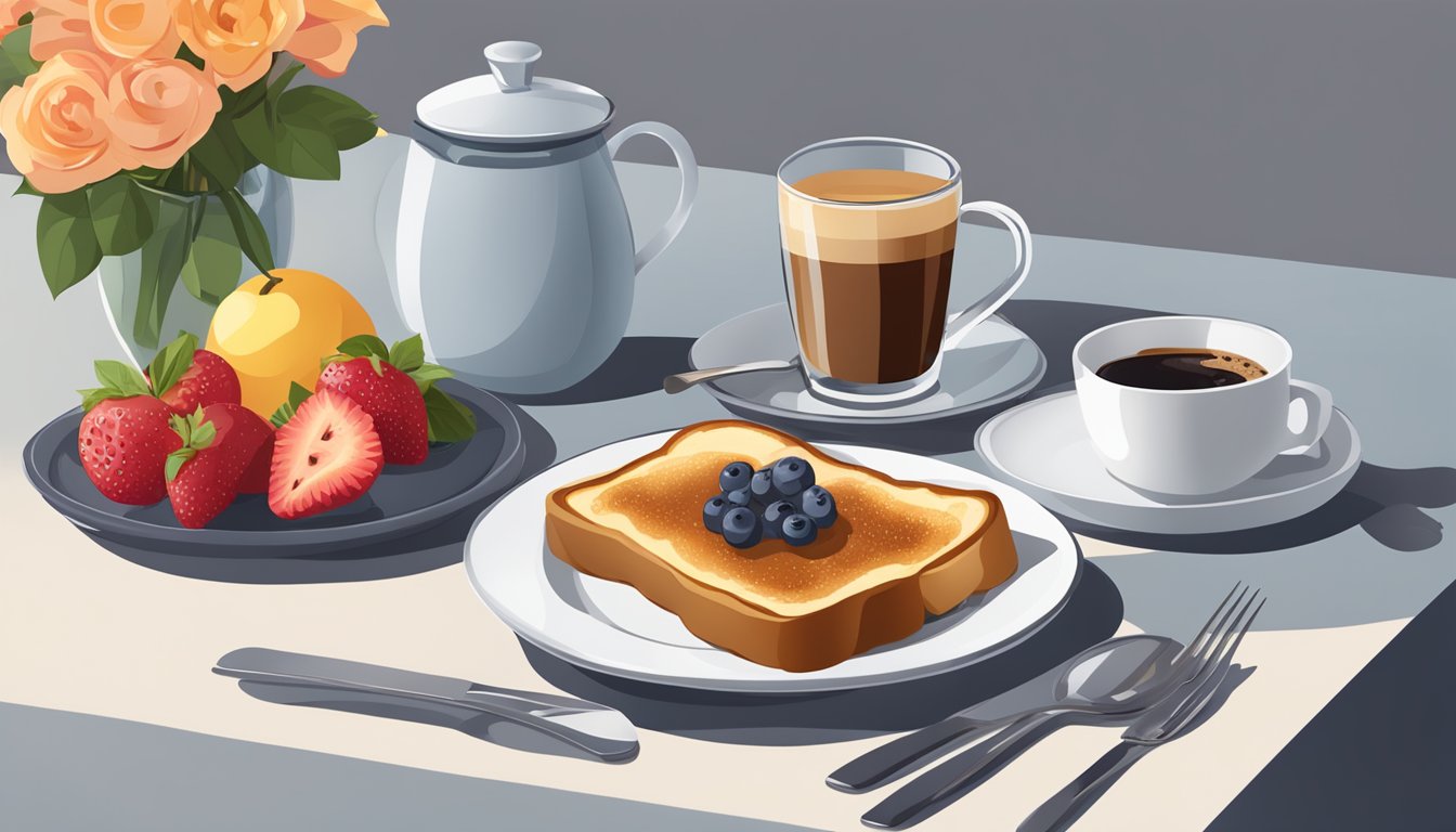 A table set with a plate of French toast, a side of fruit, and a wrap, with a cup of coffee and a small vase of flowers