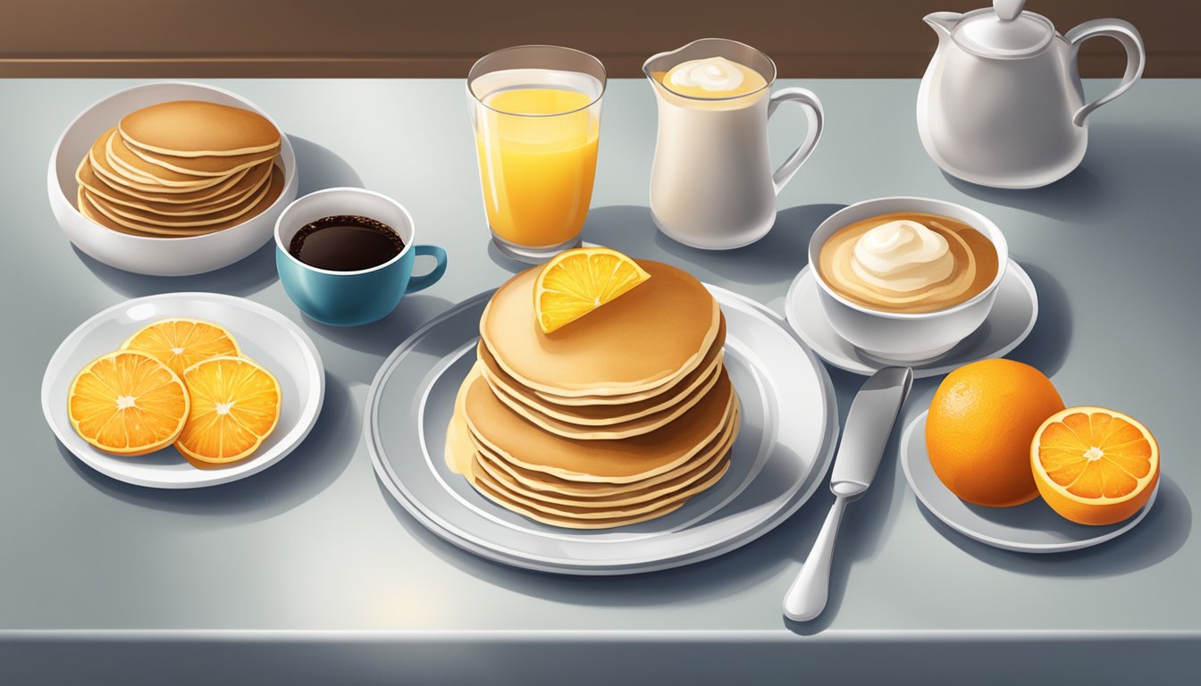 A table set with a steaming plate of pancakes, a bowl of fresh fruit, a glass of orange juice, and a pot of coffee