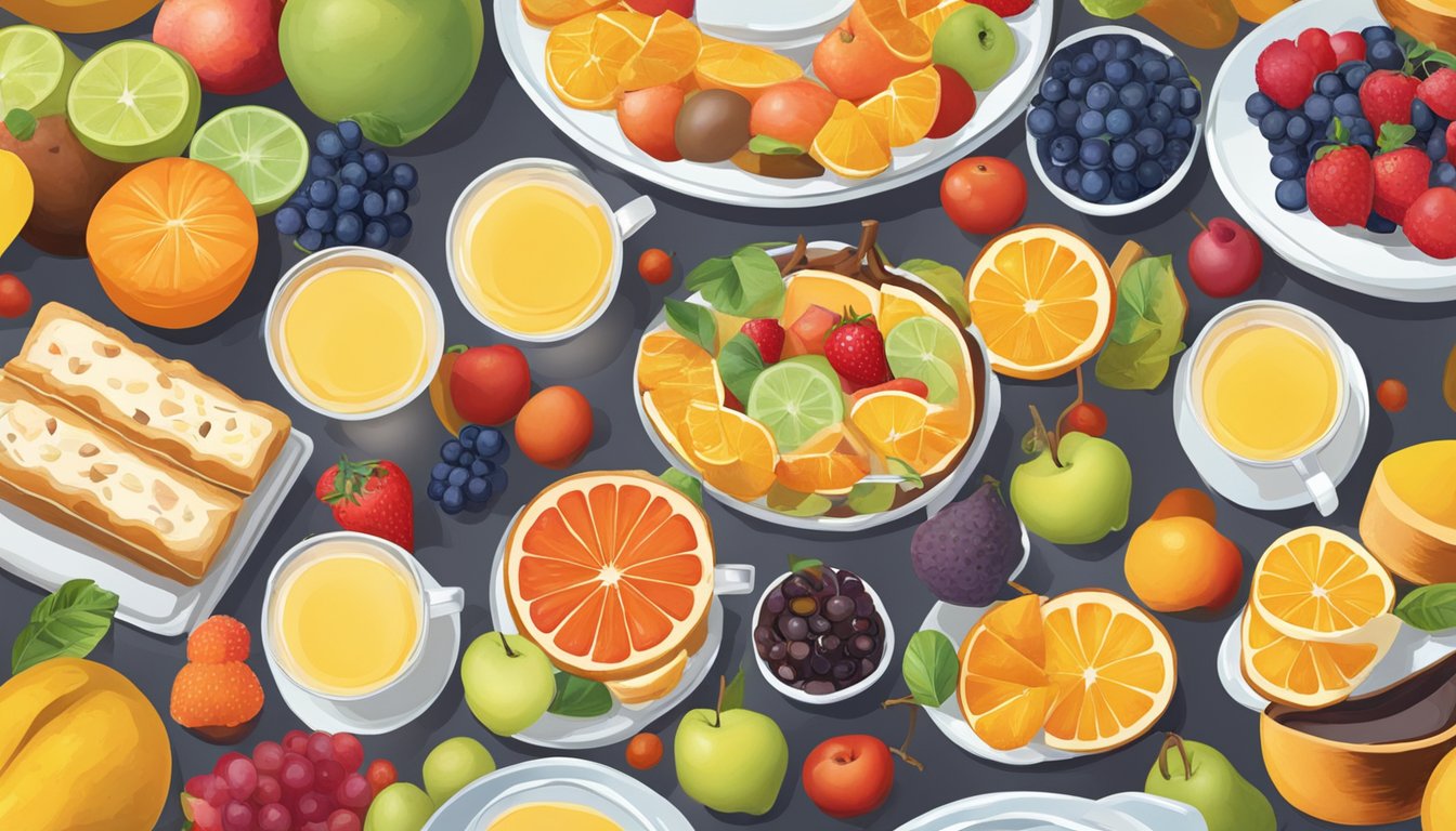 A colorful array of fruits, pastries, and drinks arranged on a table for a breakfast menu