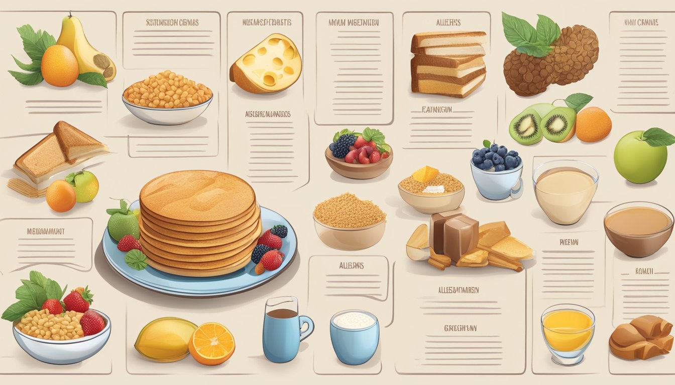 A breakfast menu surrounded by images of fruits, grains, and dairy products, with a section dedicated to allergen information