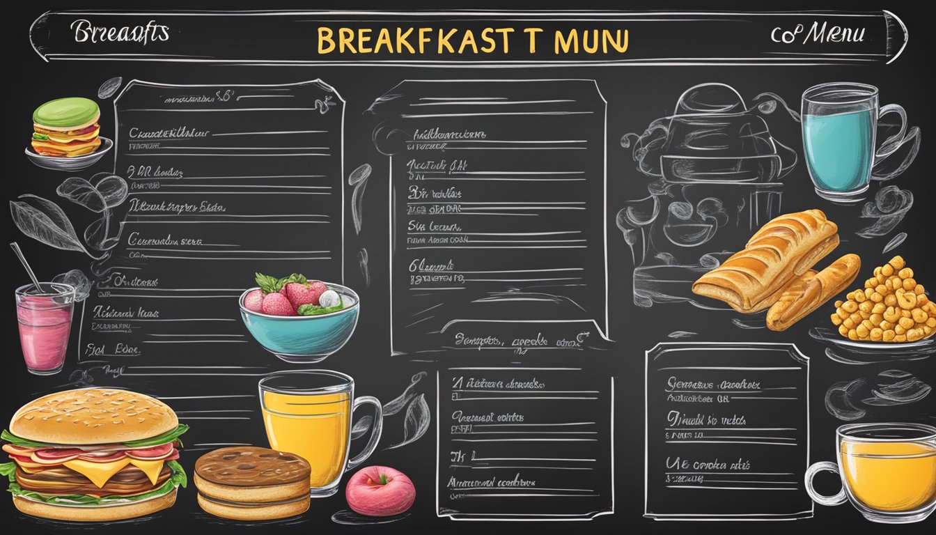 A colorful breakfast menu with various options displayed on a chalkboard