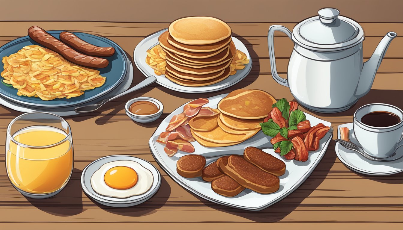 A table set with a variety of breakfast items including pancakes, eggs, bacon, sausage, and hash browns, with a cup of coffee and orange juice on the side