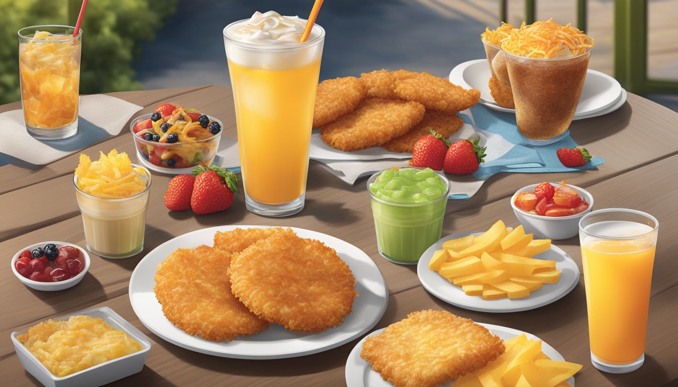 A table set with hash browns, fruit cups, and drinks at a Carl's Jr. breakfast menu