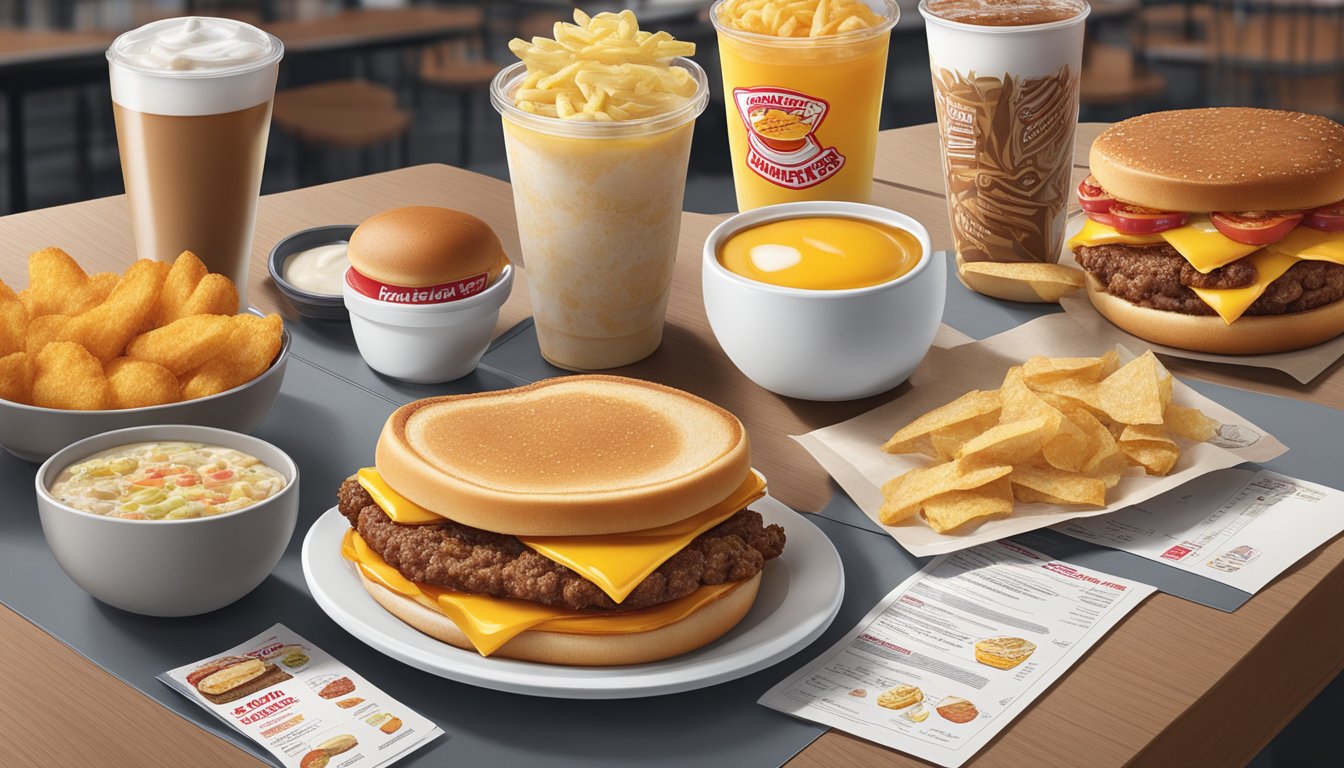 A breakfast menu displayed on a table at Carl's Jr, with various food items and prices listed