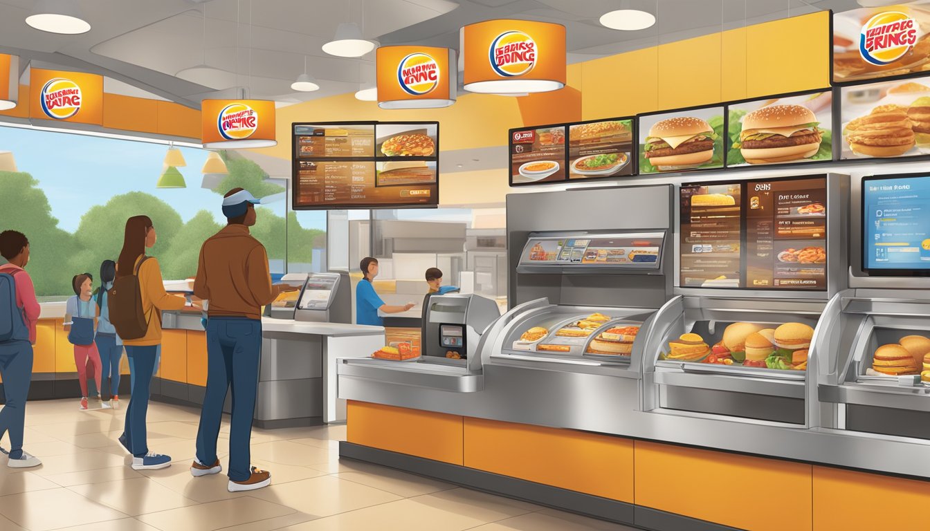 Customers easily order from a digital kiosk at a Burger King breakfast menu display. The menu is accessible and inviting