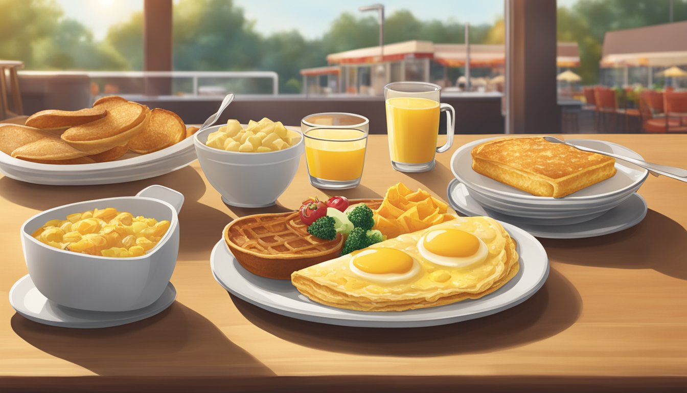 A sunny breakfast scene with a table set with omelets and bowls from Denny's menu, accompanied by prices displayed nearby