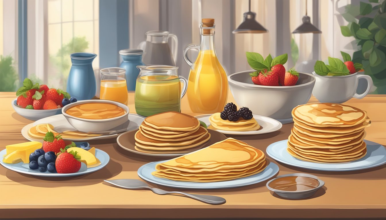 A table set with a variety of pancakes and crepes, accompanied by syrup, butter, and fruit. Prices are displayed on a menu