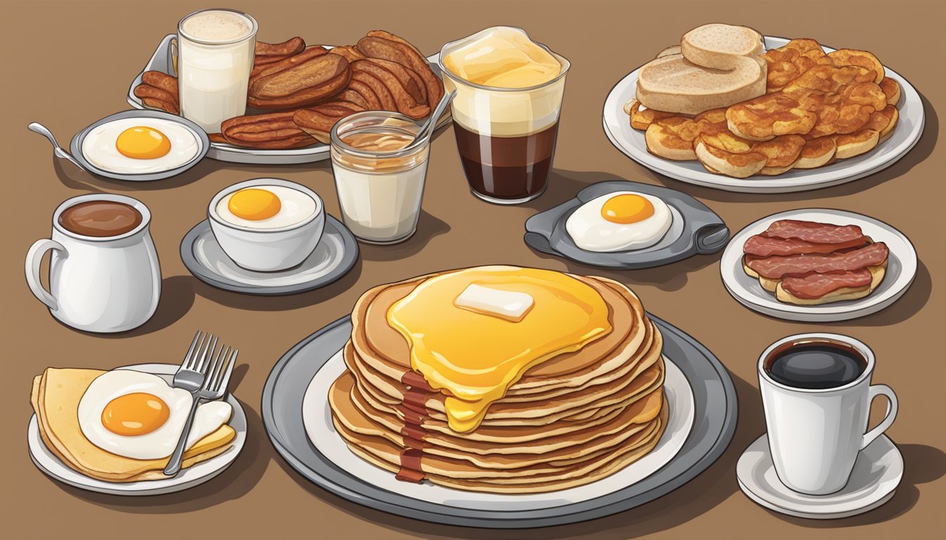 A table set with a variety of breakfast dishes from Denny's, including pancakes, eggs, bacon, and sausage, with prices displayed