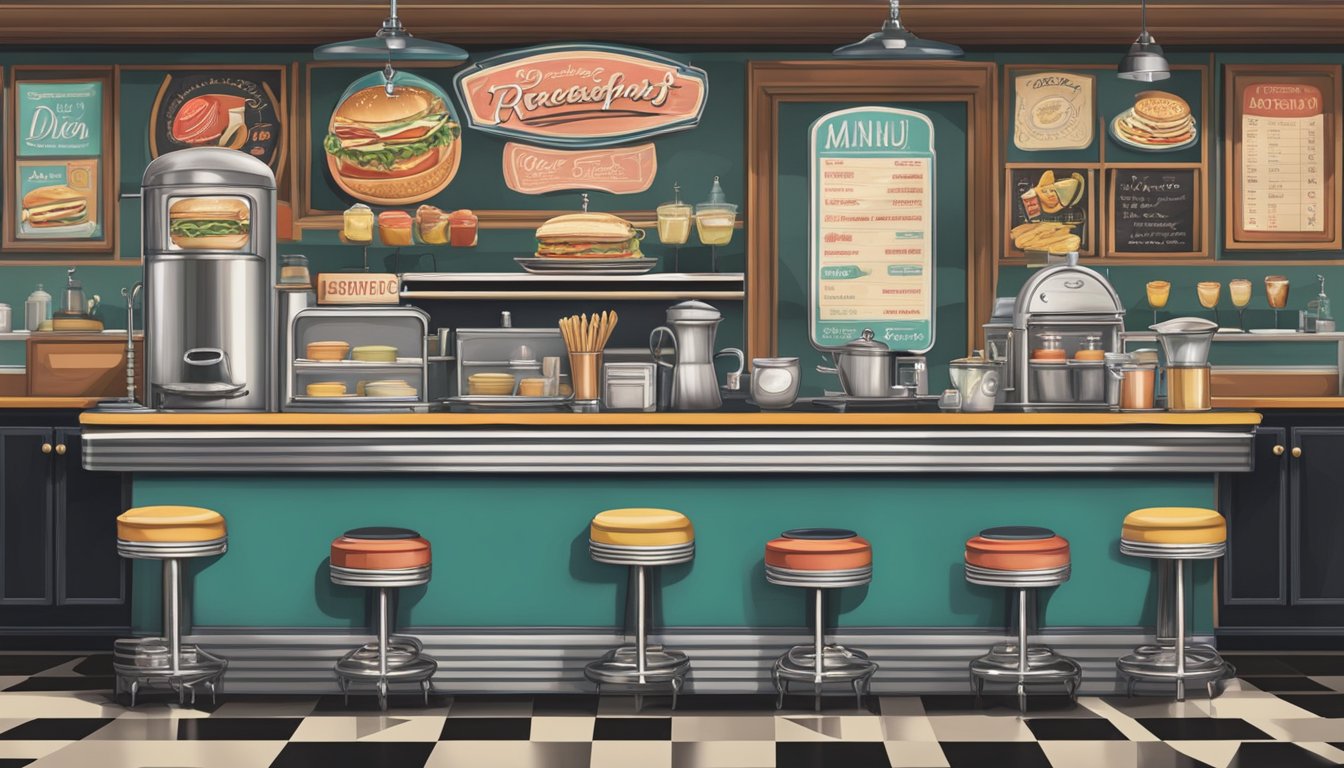 A vintage diner counter with a chalkboard menu, surrounded by retro decor and classic breakfast items on display