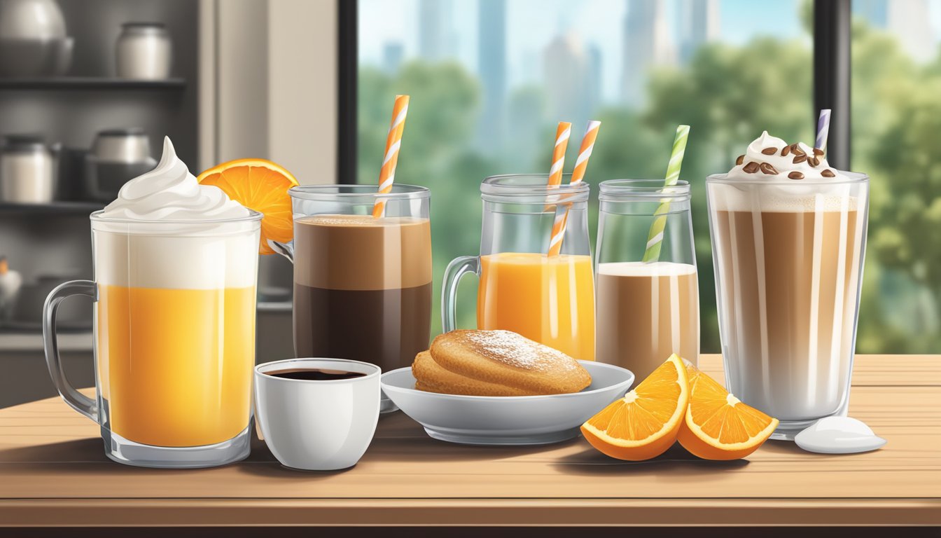 A table with a variety of breakfast beverages displayed, including coffee, orange juice, and milkshakes, with prices listed alongside each item