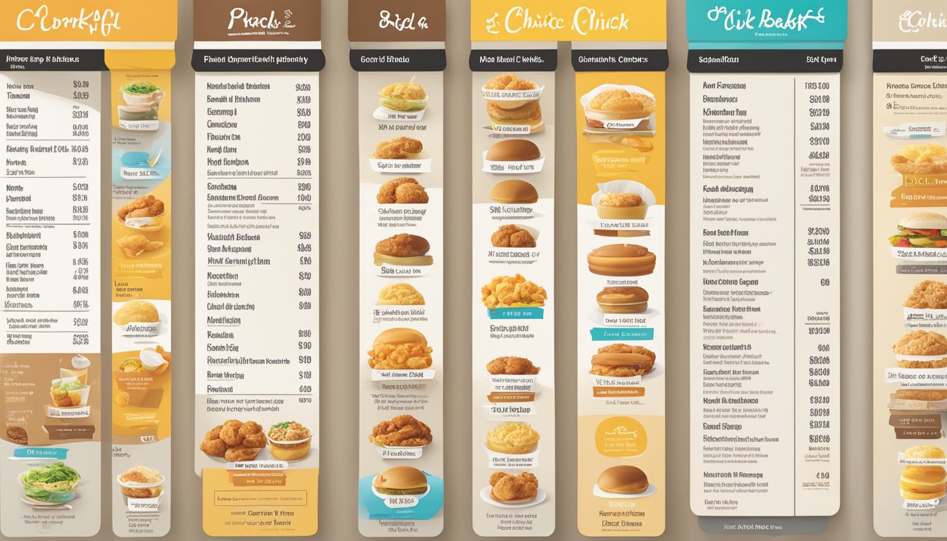 A colorful menu board displays nutritional information and dietary options for Chick-fil-A breakfast items, with corresponding prices listed below each item