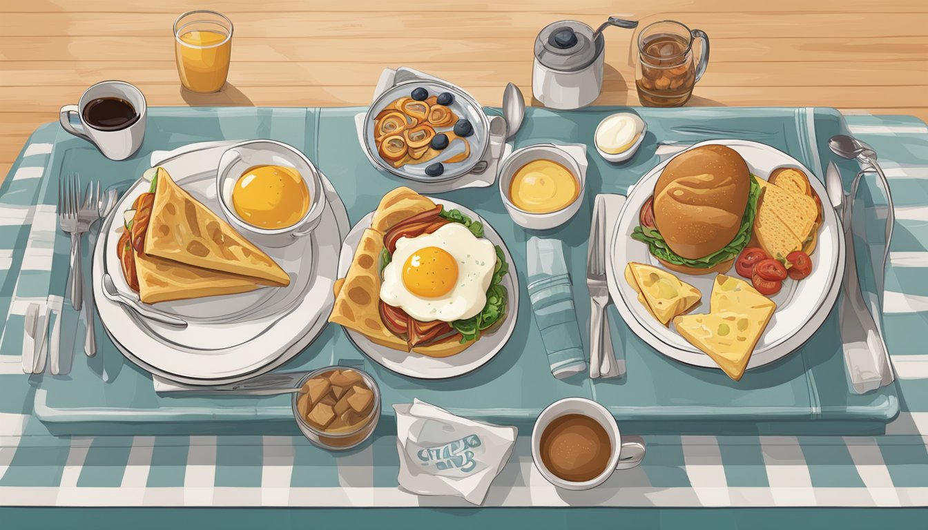 A table set with various breakfast items and a menu with the title "The Breakfast Club" displayed prominently