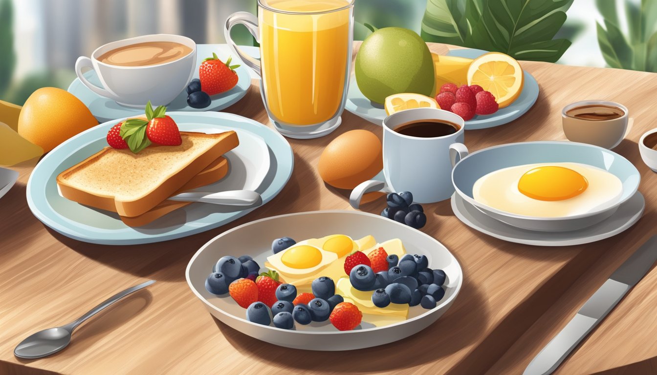 A colorful breakfast spread with fresh fruits, eggs, toast, and coffee on a table, with prices displayed on a menu board in the background