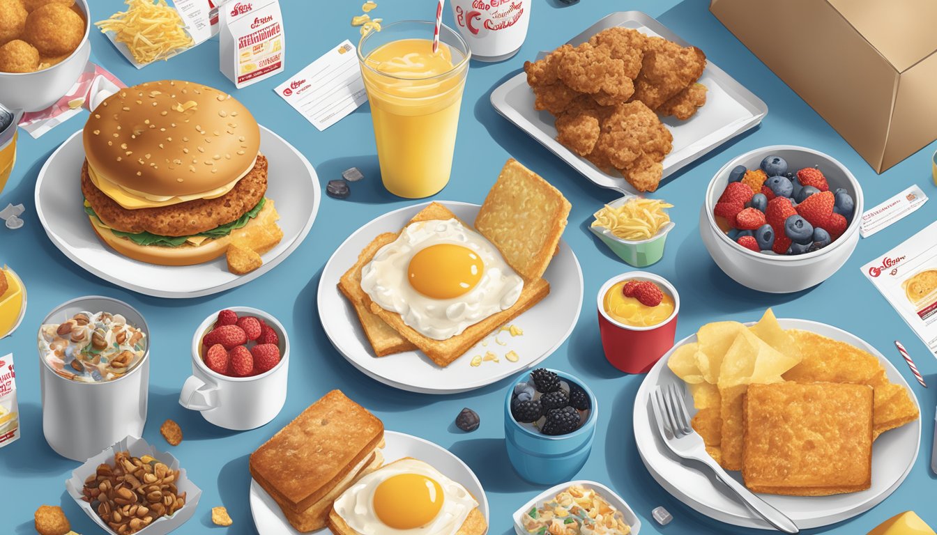 A colorful Chick-fil-A breakfast menu surrounded by various rewards and customer incentives, such as coupons, gift cards, and loyalty program stickers