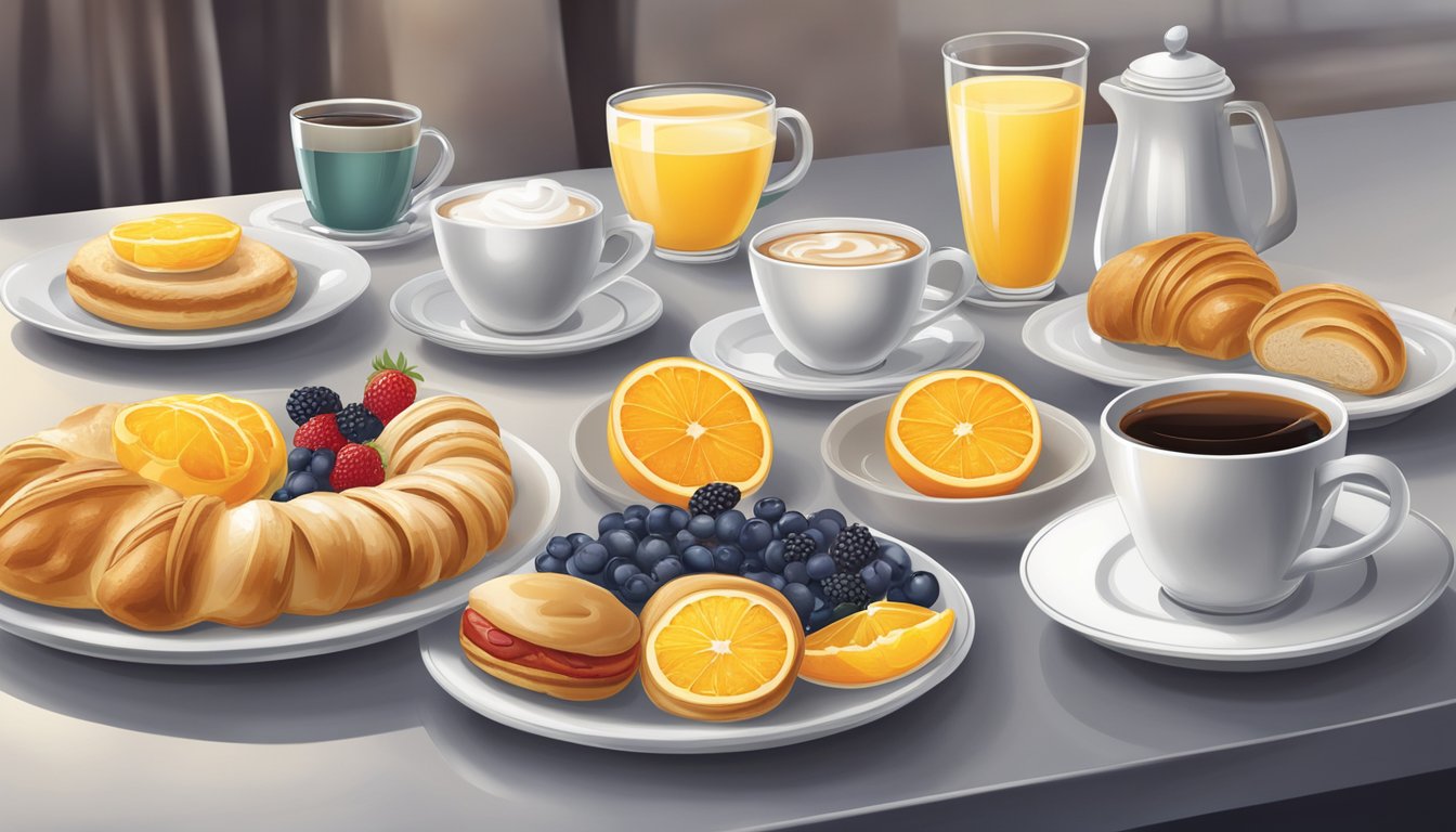 A table set with an assortment of breakfast beverages, including coffee, tea, and orange juice, alongside a plate of pastries and fruit