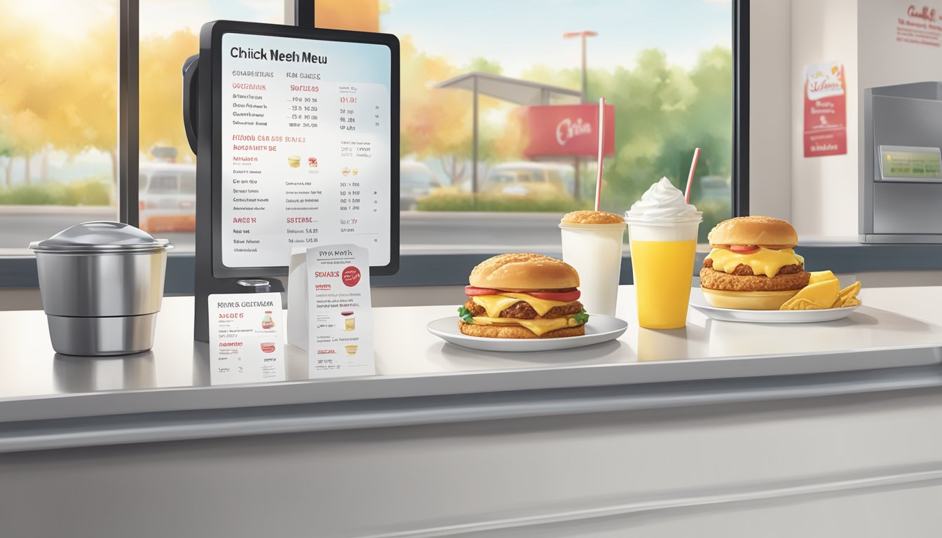 A sunny morning with a colorful Chick-fil-A breakfast menu displayed on a clean, modern counter, with prices clearly visible