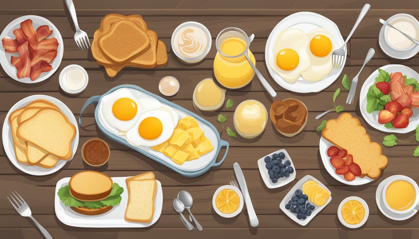 A table with a variety of breakfast sides and add-ons, including toast, bacon, eggs, and fruit