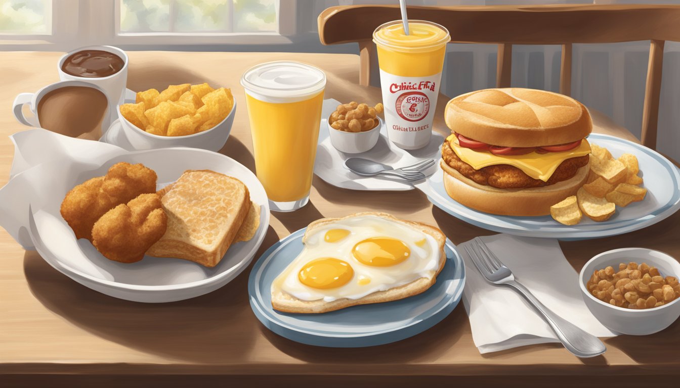 A sunny morning with a table set with Chick-fil-A breakfast items and prices displayed