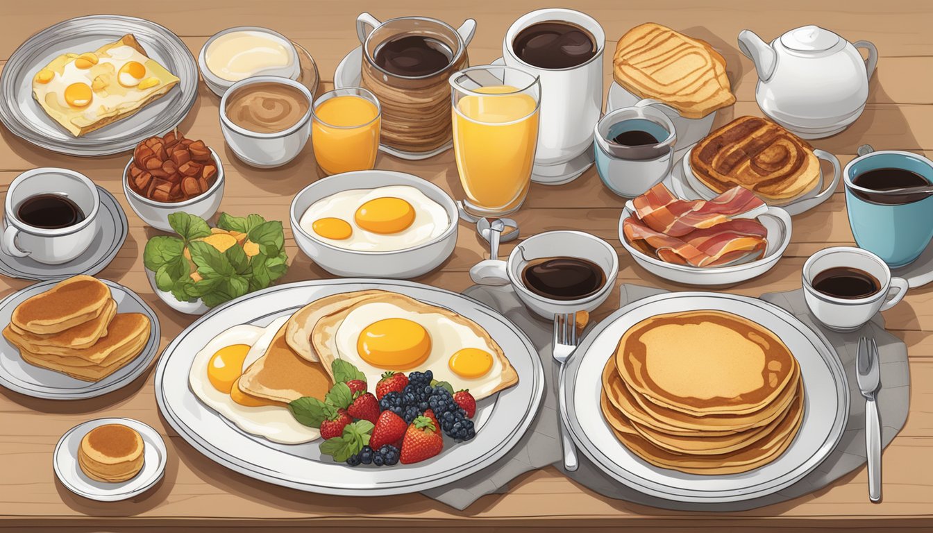 A table set with a variety of breakfast dishes, including pancakes, eggs, bacon, and fruit. A steaming cup of coffee sits next to a menu labeled "Specialty Dishes."