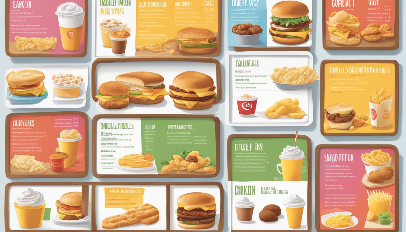 A colorful menu board displays various breakfast options and prices at Chick-fil-A, with illustrations of mouth-watering breakfast items